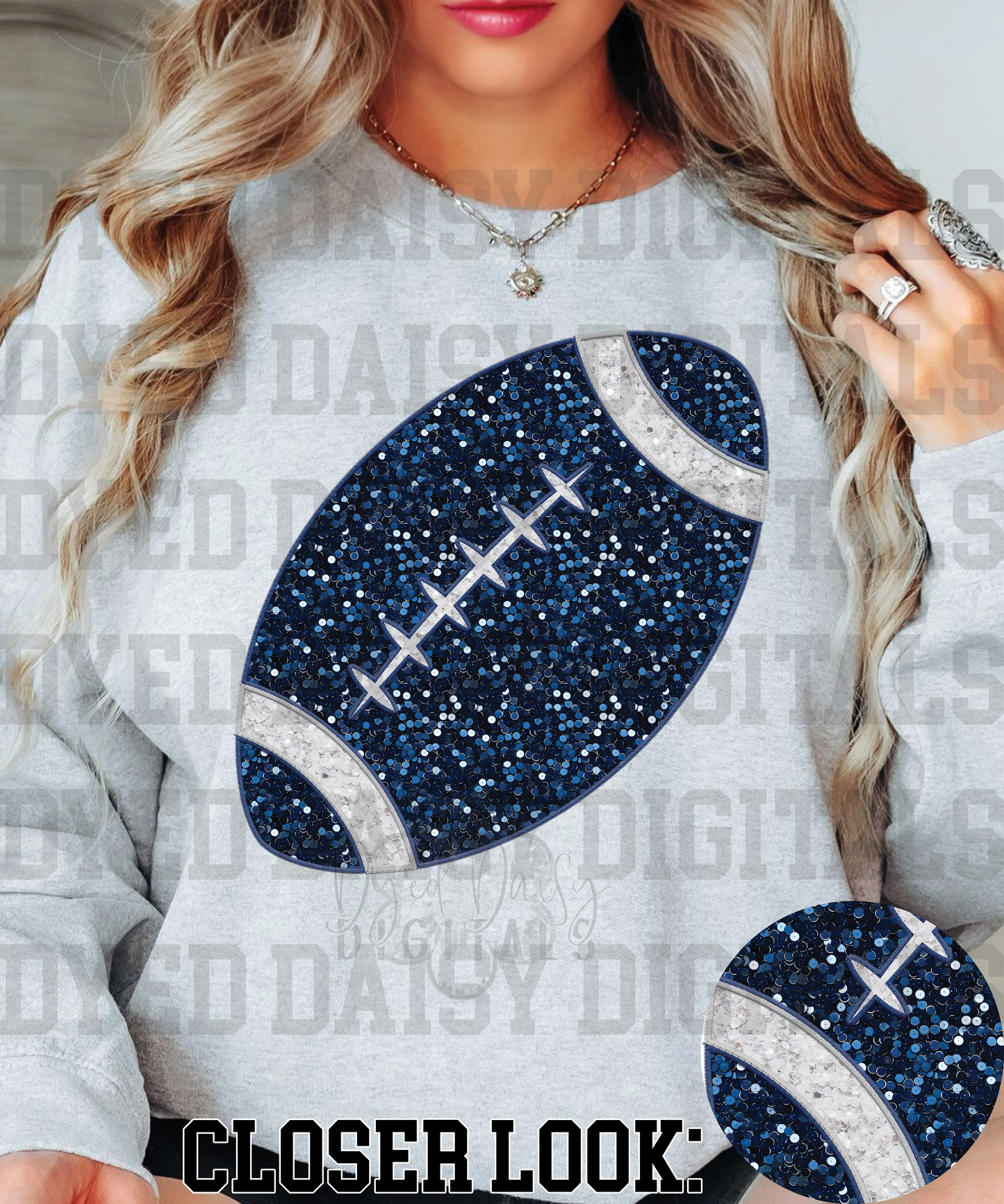 Navy and White/Silver Football Faux Sequin Faux Embroidery Digital Download