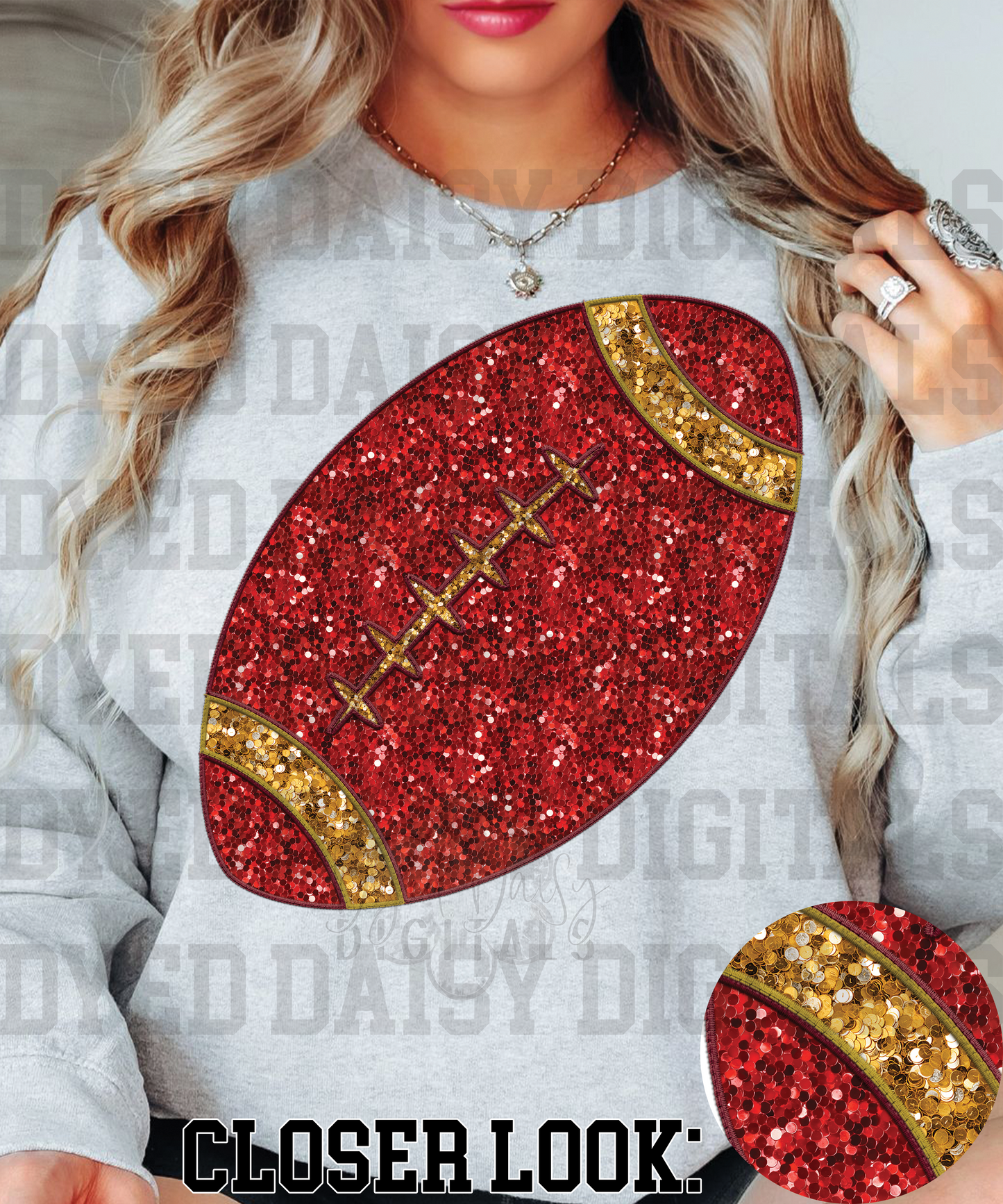 Red and Gold Football Faux Sequin Faux Embroidery Digital Download