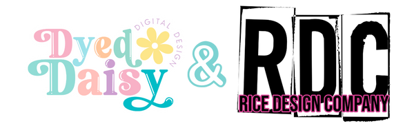 Two digital logo designs on a plain white background: on the left, a pastel-colored 'Dyed Daisy' logo with a yellow flower and the words 'DIGITAL DESIGN'; on the right, a black block-style 'RDC' logo with 'RICE DESIGN COMPANY' in pink text below.